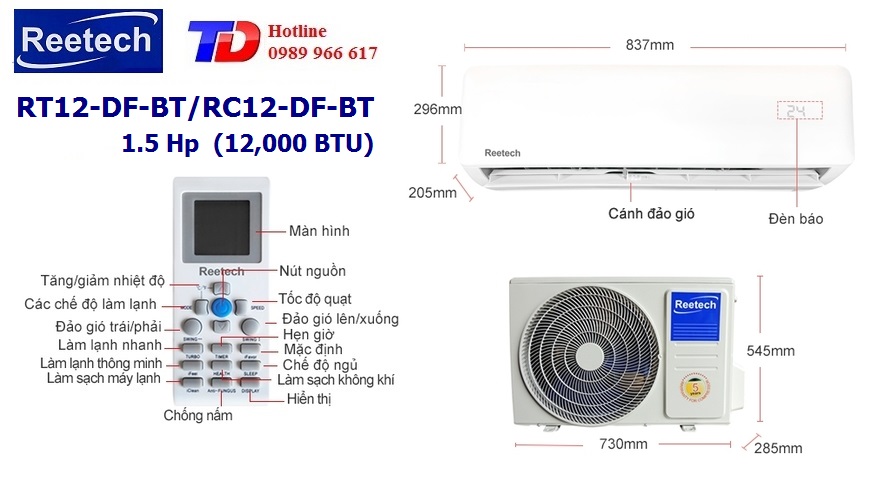 Máy lạnh Reetech 1.5 Hp RT12-DF-BT/RC12-DF-BT