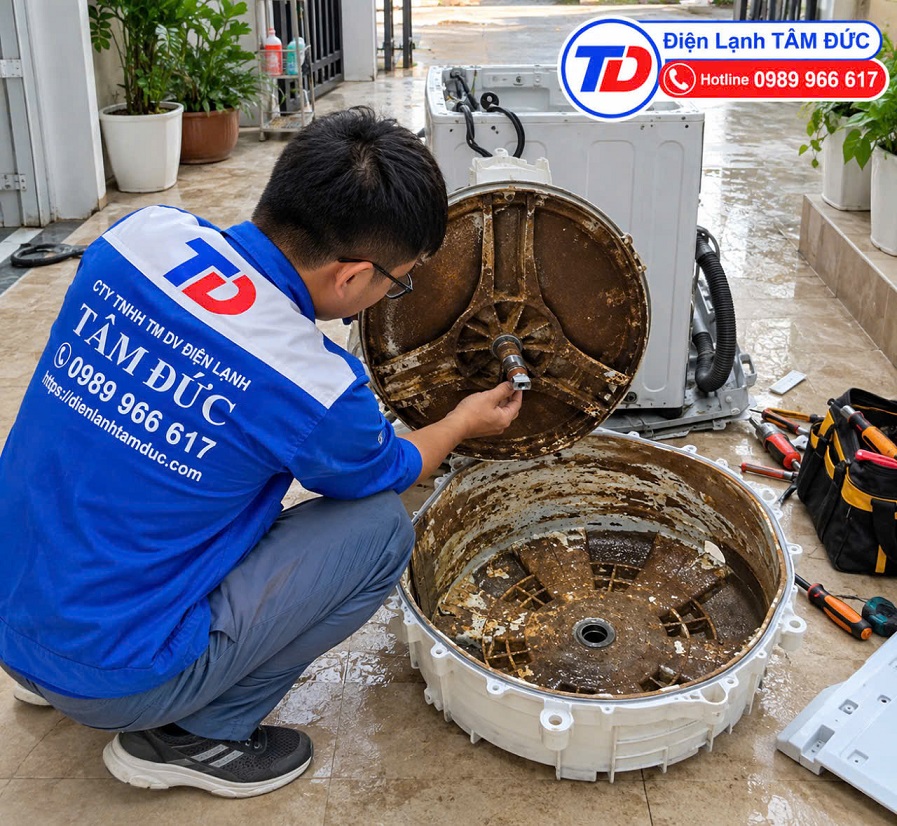 máy giặt bám cặn do nước giếng nhiễm phèn